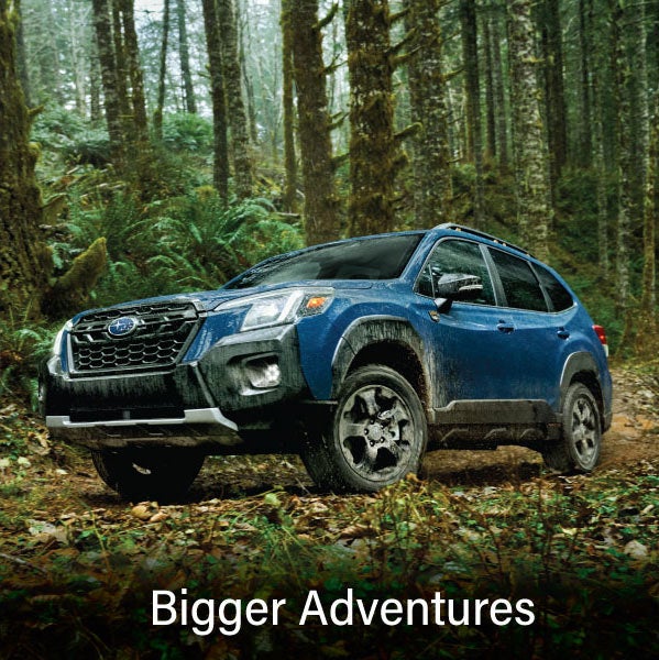 A blue Subaru outback wilderness with the words &ldquo;Bigger Adventures&ldquo;. | Vann York Subaru in Asheboro NC