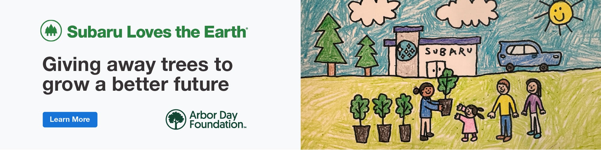 Subaru Loves the Earth. Children's drawing of trees being pl